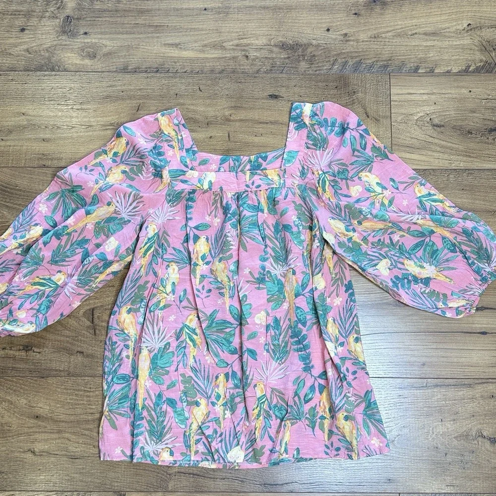 Lauren Conrad Pink‎ Parrot  Blouse Boho Tropical Puff Sleeve Top Shirt Womens S - Picture 2 of 5